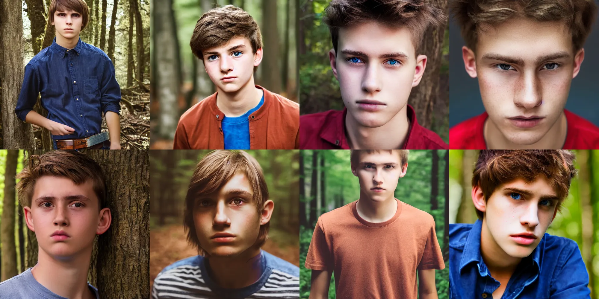 Prompt: portrait, male teenager, brown hair, red shirt, blue jeans, dark shaped eyes, walking in forest, detailed face, realistic photo.