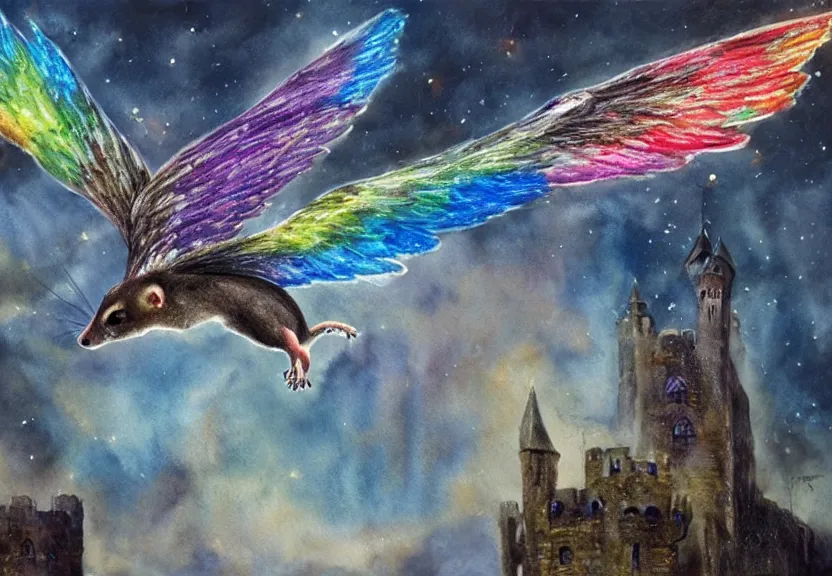 Prompt: legendary rainbow winged possum flying over a medieval castle at night under the dark starred sky, dark fantasy, watercolor, dreaming illusion, highly detailed, 4k, trending on Artstation