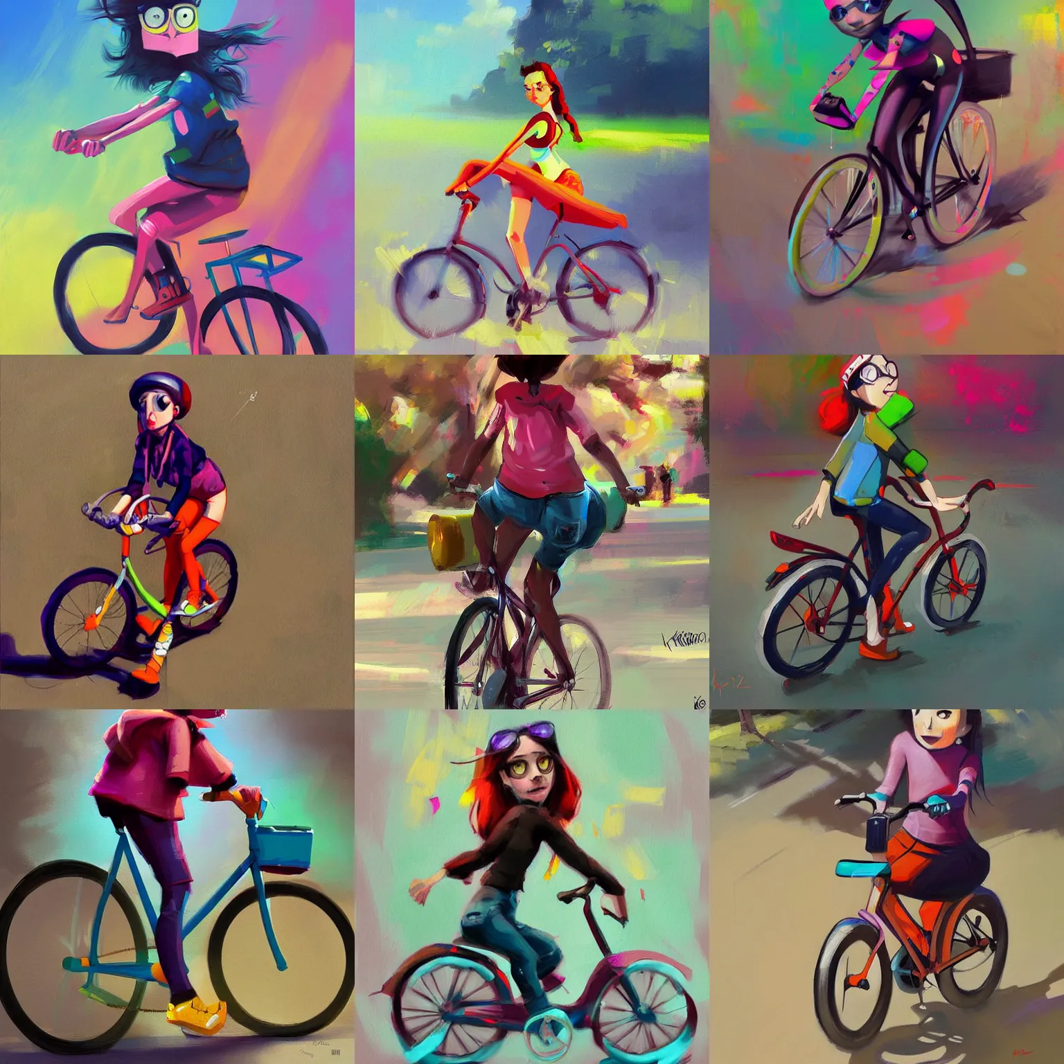Prompt: Expressive painting of gir riding a bicycle, incredible bright colors, digital art by Krenz Cushart, trending on artstation