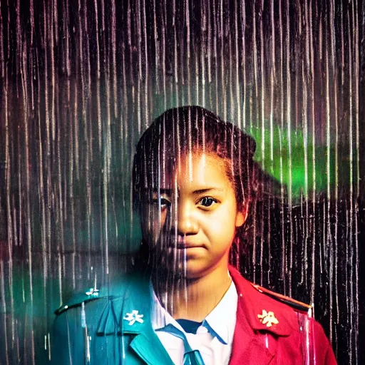 Image similar to night flash portrait photography of a high school girl in uniform on the lower east side by annie leibovitz, colorful, nighttime!, raining!