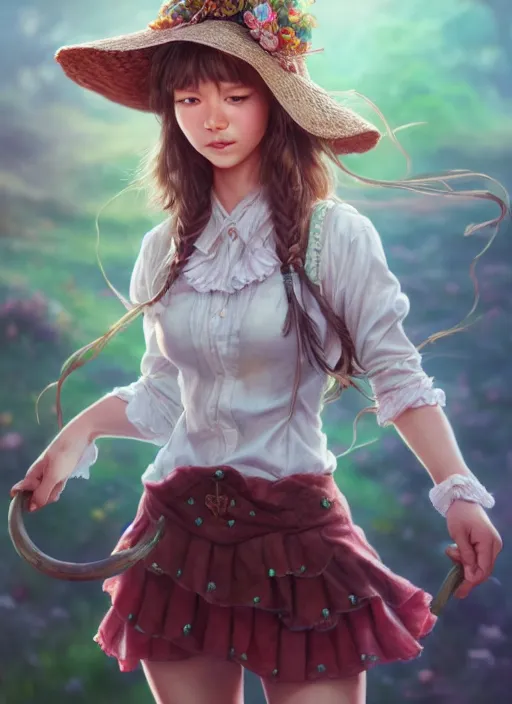 Image similar to full body portrait of a magical farmer girl. detailed face, concept art, intricate, highly detailed 8 k, smooth, sharp focus, beautiful and aesthetic shape of face and body, artgerm, artstation, art by zexi guo and nira and junpei suzuki and gharliera and rinotuna