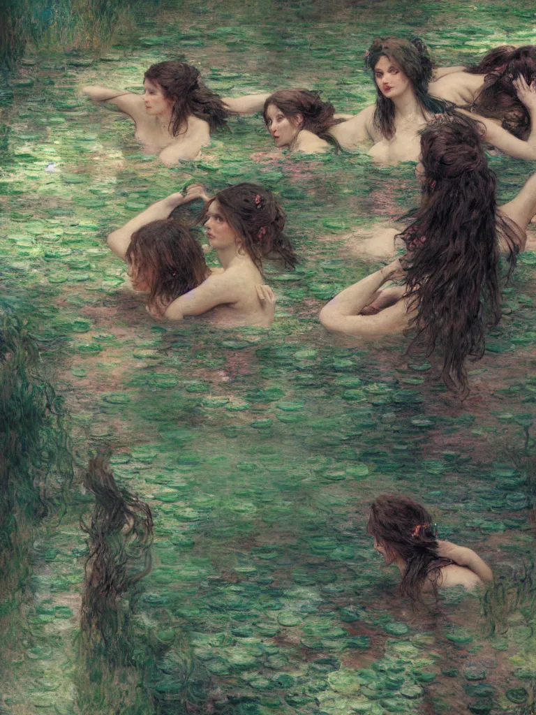 Image similar to illustration studio portrait of three dark beautiful woman bodies mermaids female energy in artistic poses in the river at the forest, monet painterly motives and textures pattern, hyper detailed, octane render, vivid colors, artstation, by jeremy mann, by alphonse mucha, by monet