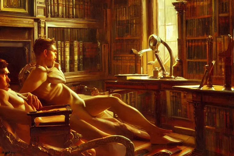 Prompt: library, painting by gaston bussiere, craig mullins, j. c. leyendecker, tom of finland