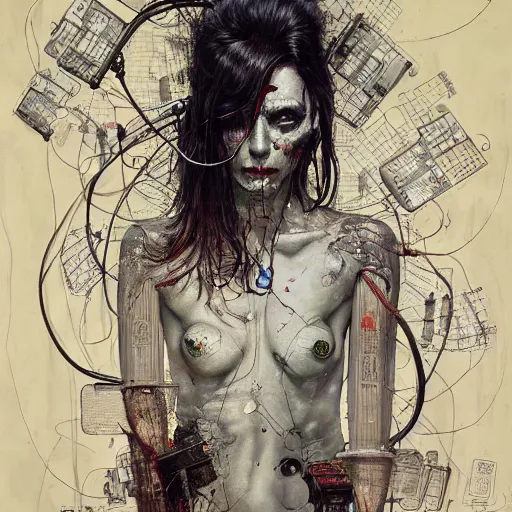 Image similar to rona mitra as a cyberpunk noir detective, skulls, wires cybernetic implants, machine noir grimcore, in the style of adrian ghenie esao andrews jenny saville surrealism dark art by james jean takato yamamoto and by ashley wood