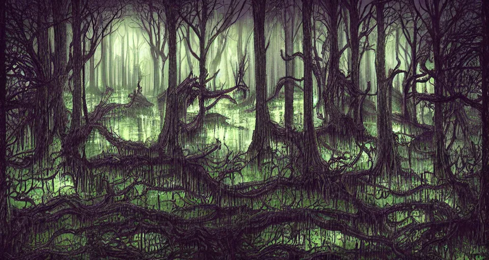 Image similar to A dense and dark enchanted forest with a swamp, by Khara Inc