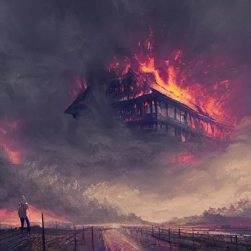 Image similar to a highly detailed cloaked creature from another dimension watching a house on fire, firestorm, a black void in the sky, stormy clouds, wide perspective, low perspective, burning village, highly detailed digital art, cinematic, hyper realism, oil on canvas, trending on Artstation, octane render