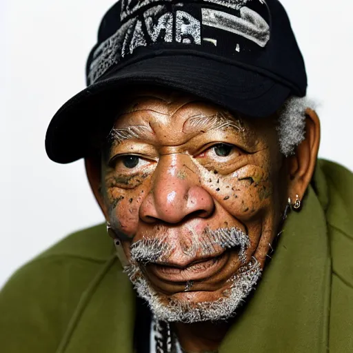 Image similar to a studio photograph of Morgan Freeman dressed as Travis Scott, 40mm lens, shallow depth of field, split lighting