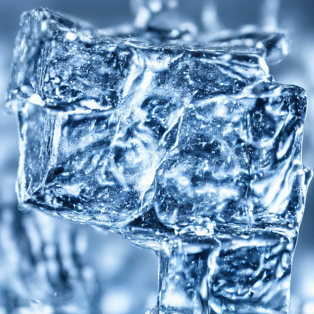 Prompt: Melting ice cube, 200mm lens, studio photography, Ice, melting