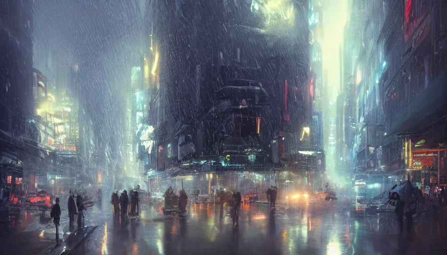 Image similar to city street of distant future 3 0 th century in early evening by laser lights during rain, shadows, reflections, epic composition, intricate, elegant, volumetric lighting, digital painting, highly detailed, artstation, sharp focus, illustration, concept art, ruan jia, steve mccurry