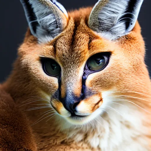 Image similar to a photo of cute fluffy caracal wearing white jumpsuit, close up portrait, studio photography, 8 k