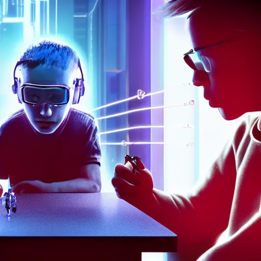 Prompt: cyberpunk kid programming his parents. the kid hand holding wire that connected to the parents head. 4 k, photorealistic, artstation, ultra detrailed.