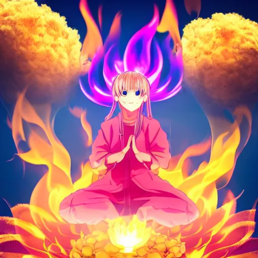 Image similar to fluffy popcorn anime character with a smiling face and flames for hair, sitting on a lotus flower, clean composition, symmetrical