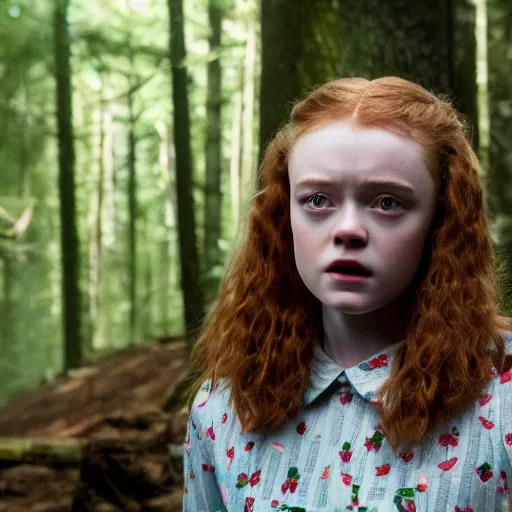 Image similar to Sadie Sink (Maxine Mayfield) from Stranger Things kneeling in a forest looking straight ahead, cinematic, soft realistic lighting, establishment scene, extremely high details, photorealistic, no shadows, 8k