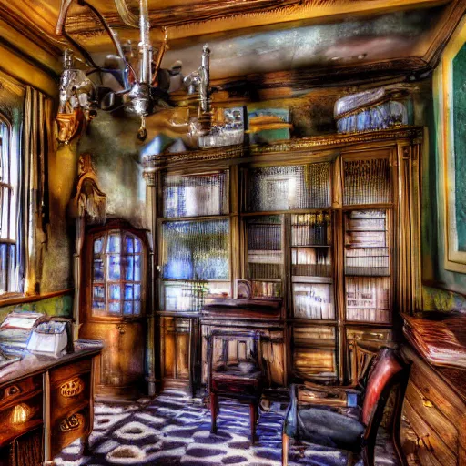 Prompt: The study of an explorer in the clue mansion Antiques HDR