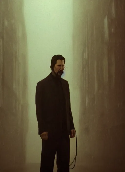 Image similar to screenshoot from david lynch weird movie, face centered portrait of keanu reeves in matrix movie, confident, fog, rain, volumetric lighting, beautiful, golden hour, sharp focus, ultra detailed, cgsociety by leesha hannigan, ross tran, thierry doizon, kai carpenter, ignacio fernandez rios, noir photorealism, film