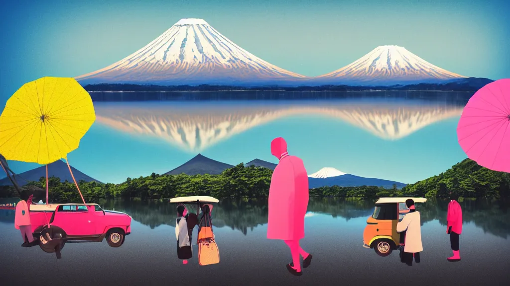 Image similar to a scene of two travellers and their campter touring at yamanaka lake, reflecting mount fuji, japan, a collage painting, in the style of wes anderson, lola dupre, david hockney, isolated on negative white space background dark monochrome neon spraypaint accents volumetric octane render