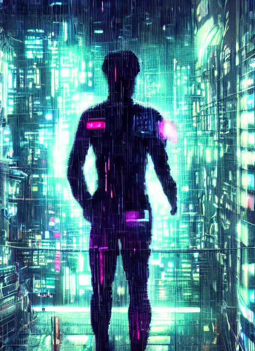 Prompt: lonely cyber person made of cosmic nebula galaxy energy watching a rainy stormy colorful complex cyberpunk futuristic city from behind at night through a window in a room full of wires and screens, 8 k, photorealistic, wet, highly detailed, cinematic mood by ridley scott, ghost in the shell, rendered in octane,, trending on artstation, glowing lights, gloomy, epic composition