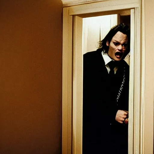 Image similar to Johnny Depp plays Jack Torrance in Shining, he is smashing through the door