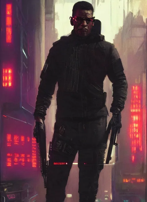 Prompt: Malcolm X. Cyberpunk assassin in tactical gear. blade runner 2049 concept painting. Epic painting by Craig Mullins and Alphonso Mucha. ArtstationHQ. painting with Vivid color. (rb6s, Cyberpunk 2077, matrix)