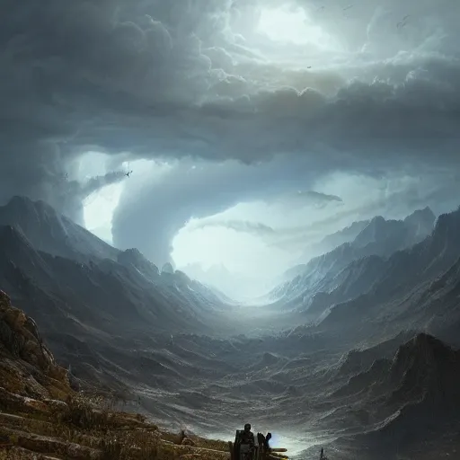 Image similar to a beautiful stunning insanely detailed complex matte painting of a robot wanderer looking at a tornado in the distance, cinematic lighting, mountains, epic scale, vast, by Greg Rutkowski, artstation