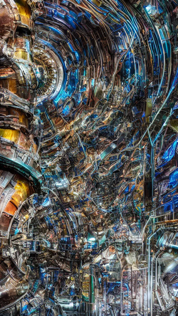 Prompt: macro photography of the giant psychedelic magical machine embedded within the mountain, industrial machinery, sedimentary rock and marble, pistons and valves, hadron collider, super conducters, reactor circuits, isometric, cool dark tones in the style of Luis García Mozos