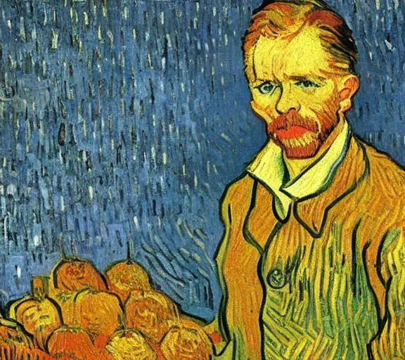 Image similar to portrait of tom odell as a market vendor by vincent van gogh