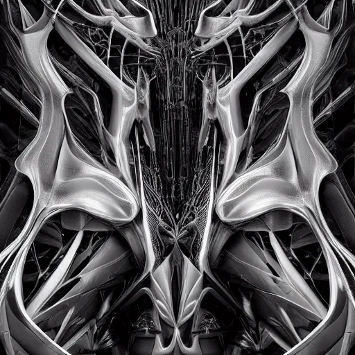 Image similar to cyberpunk noir by zaha hadid, iris van herpen and rick owens. highly detailed, hyper - real, very beautiful, intricate fractal details, very complex, opulent, epic, mysterious, polished, futuristic design, trending on deviantart and artstation