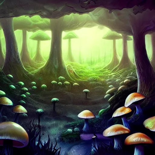 Image similar to eerie glowing mushroom forest with fairies, raining, fantasy landscape, 8k, ultra detailed, concept art, trending on artstation