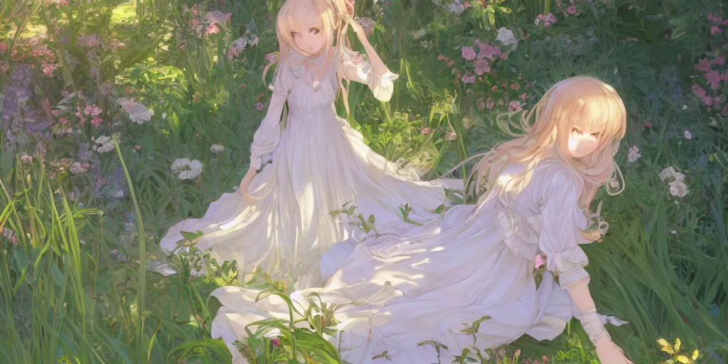 Image similar to a digital art of a loli with long hair in a dress in the privet garden at after noon, green and warm theme, by krenz cushart and mucha and akihito yoshida and greg rutkowski and makoto shinkai, low angle, long shot, back lighting, detailed eyes, 4 k resolution, trending on art station