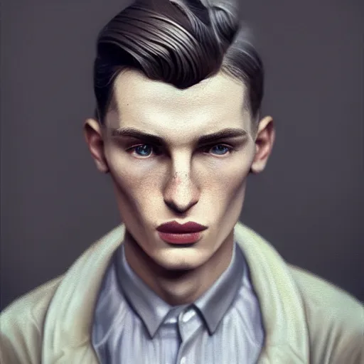 Image similar to A videogame portrait of a young Irish man with high cheekbones. Good bone structure. Dressed in 1940s style. (Blond). Highly detailed, fine Art, high detail, great lighting, 8k resolution, masterpiece, concept art, illustration, clear eyes, painting oil on canvas, octane render, HDR, trending on artstation, 4k, 8k, HD