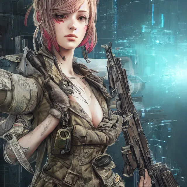 Image similar to the portrait of lawful neutral female cyberpunk marine sniper as absurdly beautiful, gorgeous, elegant, young gravure idol, an ultrafine hyperdetailed illustration by kim jung gi, irakli nadar, intricate linework, bright colors, octopath traveler, final fantasy, unreal engine 5 highly rendered, global illumination, radiant light, detailed and intricate environment