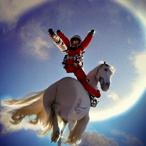 Image similar to a dreamy photograph of an astronaut riding a Pegasus flying above the clouds, mystical