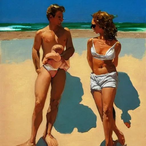 Prompt: a couple and a baby on a beach in sardinia, white sand, blue sky, summer, painting by jack vettriano