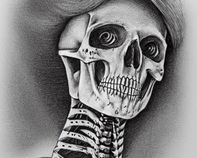 Image similar to Justin Bartlett dotwork biro pen drawing of a skeleton