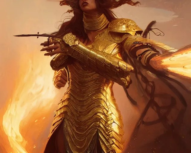 Image similar to battle of kings, fire and dust and golden armor, action, dramatic lighting, intricate, wild, highly detailed, digital painting, artstation, concept art, smooth, sharp focus, illustration, art by artgerm and greg rutkowski and alphonse mucha