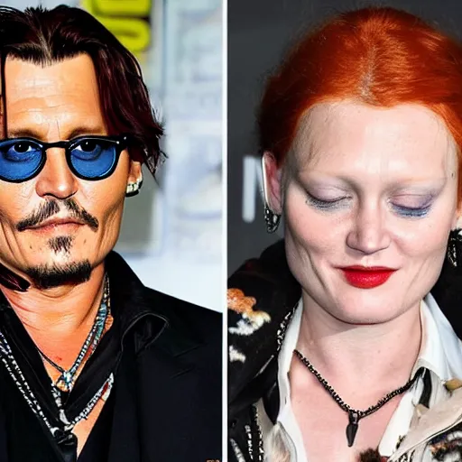 Prompt: johnny depp with his new girlfriend with ginger hair.