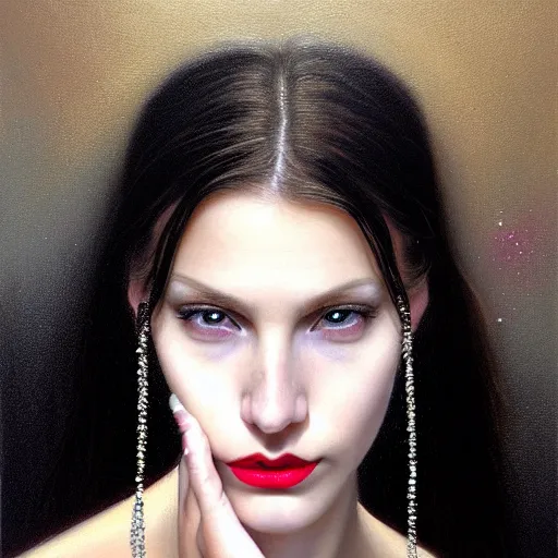 Prompt: Facial portrait of a gorgeous girl, looking away from the camera, choker with small lock around neck, seductive smile, sparkle in eyes, lips slightly parted, long flowing hair, no hands visible, delicate, teasing, arrogant, defiant, bored, mysterious, intricate, extremely detailed painting by Mark Brooks (and by Greg Rutkowski), visible brushstrokes, thick paint visible, no light reflecting off paint, vibrant colors, studio lighting