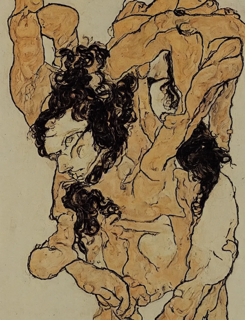 Prompt: A young man with tall hair in the style of Egon Schiele.