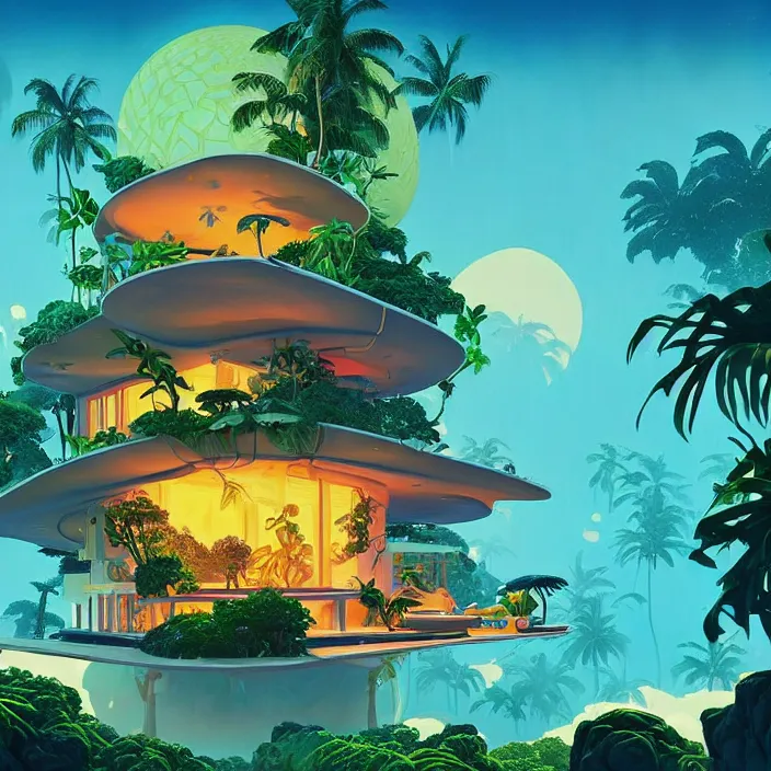 Image similar to a luminescent tropical cottage by paolo eleuteri serpieri and tomer hanuka and chesley bonestell and daniel merriam and tomokazu matsuyama, unreal engine, high resolution render, featured on artstation, octane, 8 k, highly intricate details, vivid colors, vector illustration