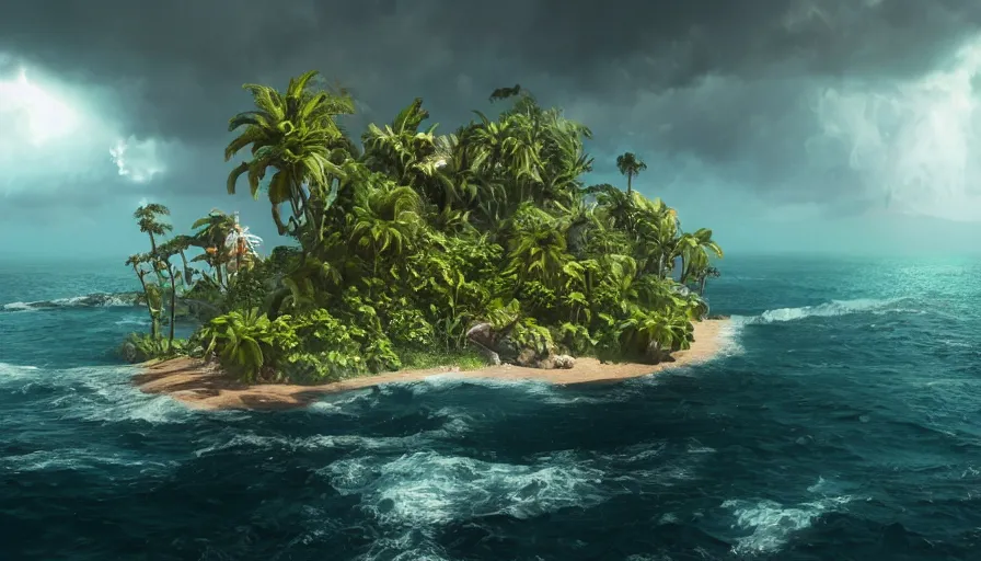 Prompt: Tropical island under the storm with lightning, hyperdetailed, artstation, cgsociety, 8k