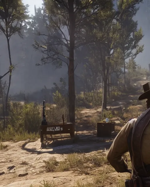 Prompt: Alex Jones is selling snake oil in RDR2, gameplay screenshot, close-shot. Realistic Graphics. Unreal Engine 5