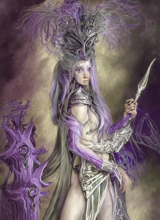 Image similar to portrait of young female sorceress of the endtimes, transluscent skin, silver filigreed armor, lavender hair, beautiful! coherent! dungeons and dragons character, by brian froud, strong line, cool night color, high contrast