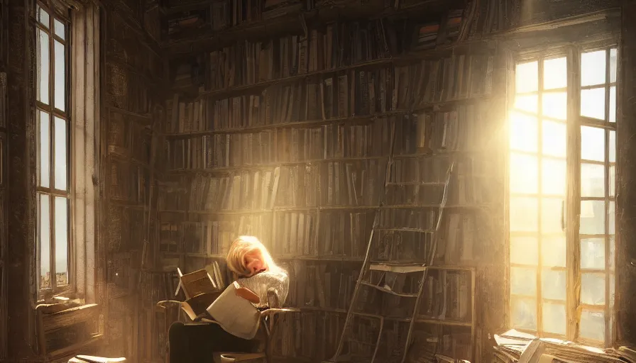 Prompt: young blond haired girl reading a book on an old chair in a dusty attic, old library covered by cobwebs, dusty dirty floor, sunset light through round old dusty windows, hyperdetailed, artstation, cgsociety, 8 k