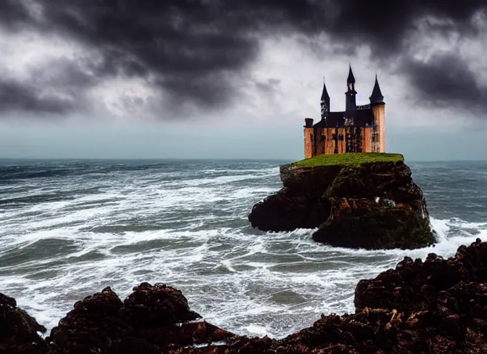 Prompt: raging ocean waves wash over a lonely gothic castle on a cliff in the background, 8 k, epic composition, oil painting, cinematic light, cloudy sky