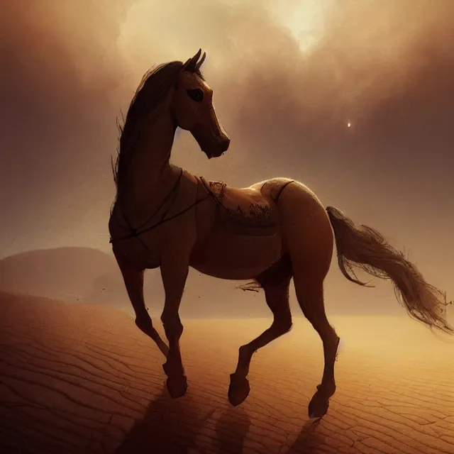 Image similar to arabian horse in the desert, environment, illustration, symmetrical, smoky, unreal engine, colors, epic scene, fantasy art by greg rutkowski,, golden raito, high quality, intricate details, details, intricate, atmosphere, highly detailed, matte painting, cinematic, deviantart, realistic, concept art, 4 k