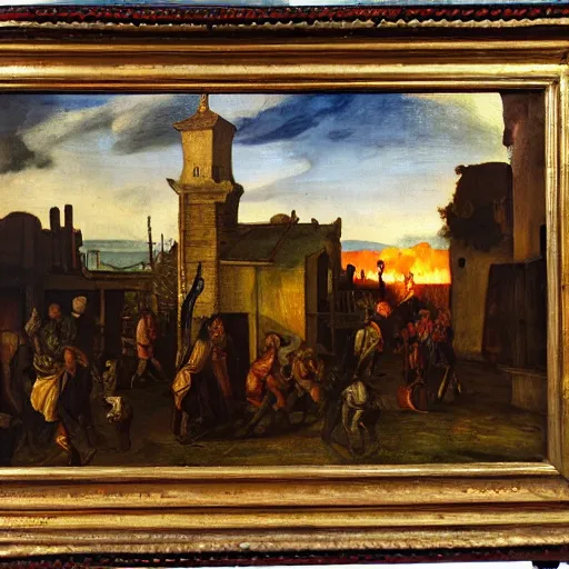 Image similar to ransacked village at night, ablaze, mannerist painting, pre - raphaelite, oil on canvas
