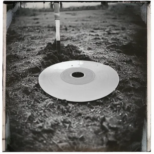 Image similar to a vinyl disc on a hole in the ground, with a shovel next to it, polaroid shot