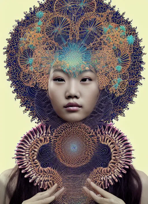 Prompt: ridiculously beautiful young asian woman tripping with black hair, coral fractals radiating from head with sacred geometry, natural, awakening, symmetrical, in the style of ernst haeckel, effervescent, warm, photo realistic, epic and cinematic,