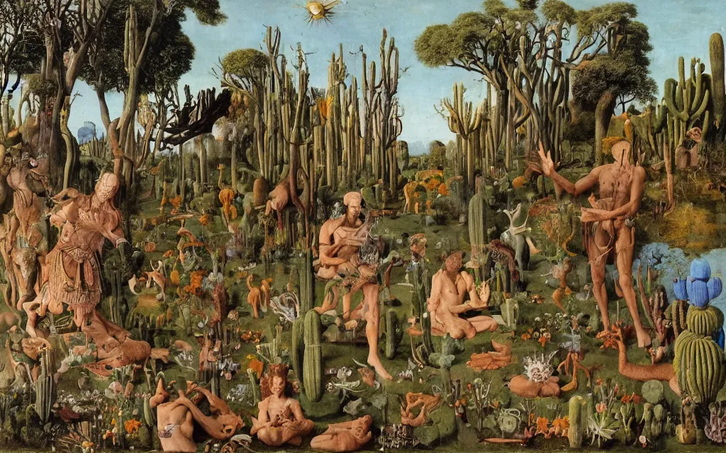 Image similar to photograph of a meditating centaur shaman and a flayed werewolf feeding animals at the riverside. surrounded by bulbous flowers, animals and a few trees and cacti. river delta with cliffs under a blue sky of burning stars. painted by jan van eyck, max ernst, ernst haeckel, ernst fuchs and artgerm, trending on cgsociety