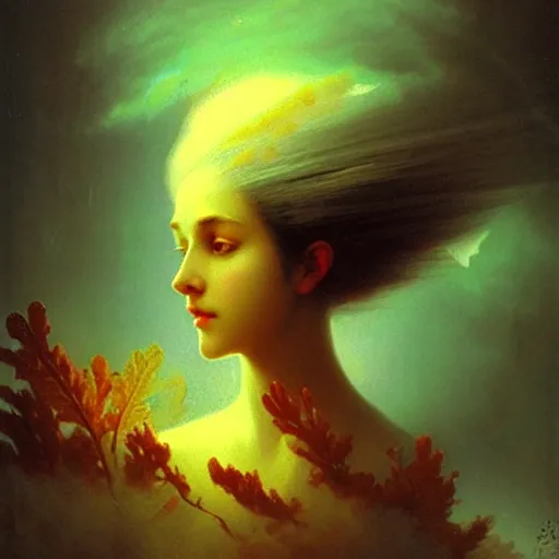 Image similar to illustration of a beautiful fungal priestess, face head eyes, hyperrealistic art by Ivan Aivazovsky